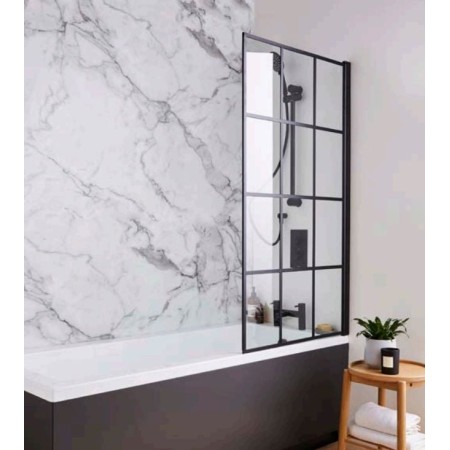 Krittal Bath Screen – Black Grid Hinged 1400x780mm