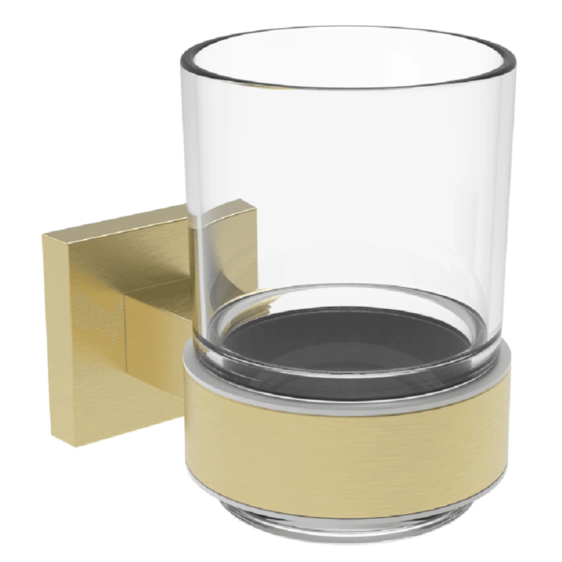 Sydney Brushed Brass Square Tumbler & Holder Contemporary Bathroom Accessory