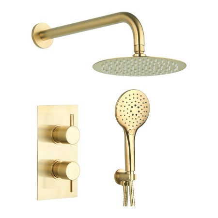 Round Concealed Thermostatic 2 Handle 2 Way Shower Kit with Stainless Steel Head - Brushed Brass
