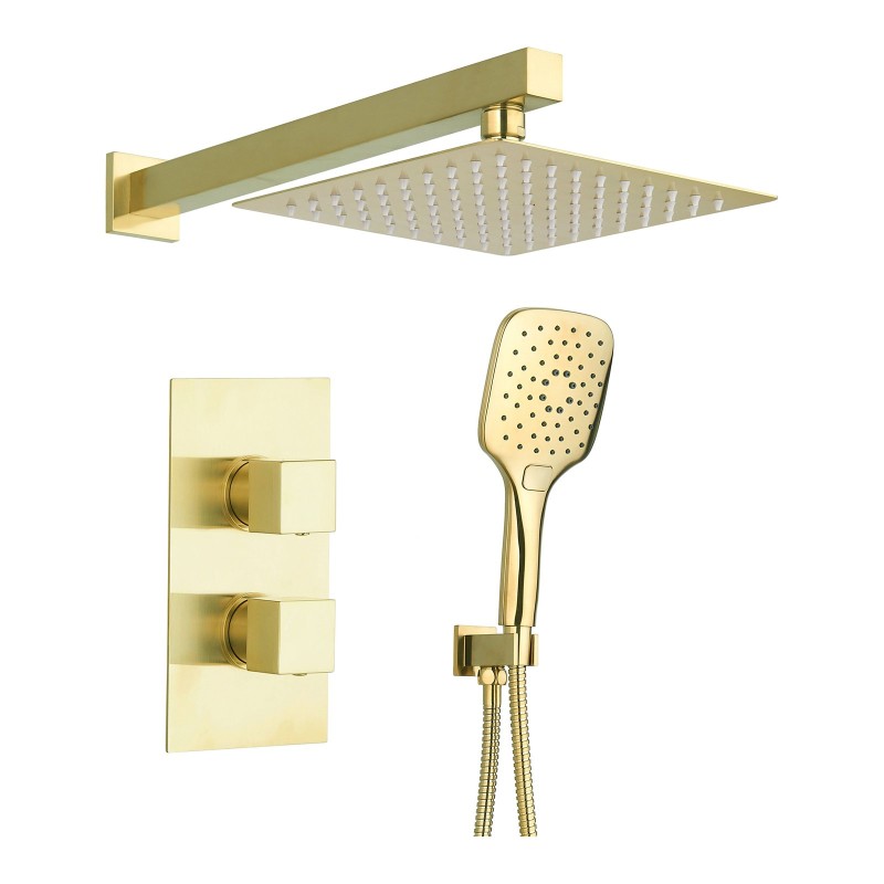 Square Concealed Thermostatic 2 Handle 2 Way Shower Kit with Stainless Steel Head - Brushed Brass