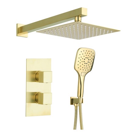 Square Concealed Thermostatic 2 Handle 2 Way Shower Kit with Stainless Steel Head - Brushed Brass