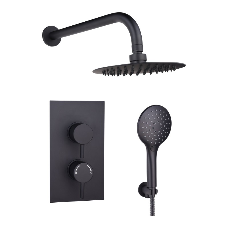 Round Concealed Thermostatic 2 Handle 2 Way Shower Kit with Stainless Steel Head - Black
