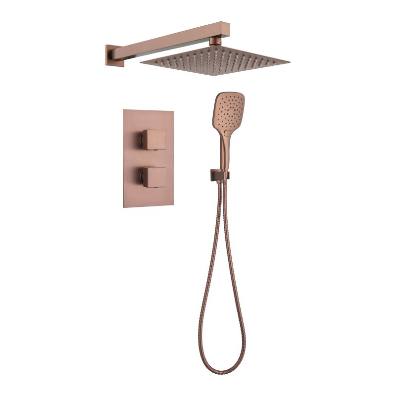 Square Concealed Thermostatic 2 Handle 2 Way Shower Kit with Stainless Steel Head - Brushed Bronze