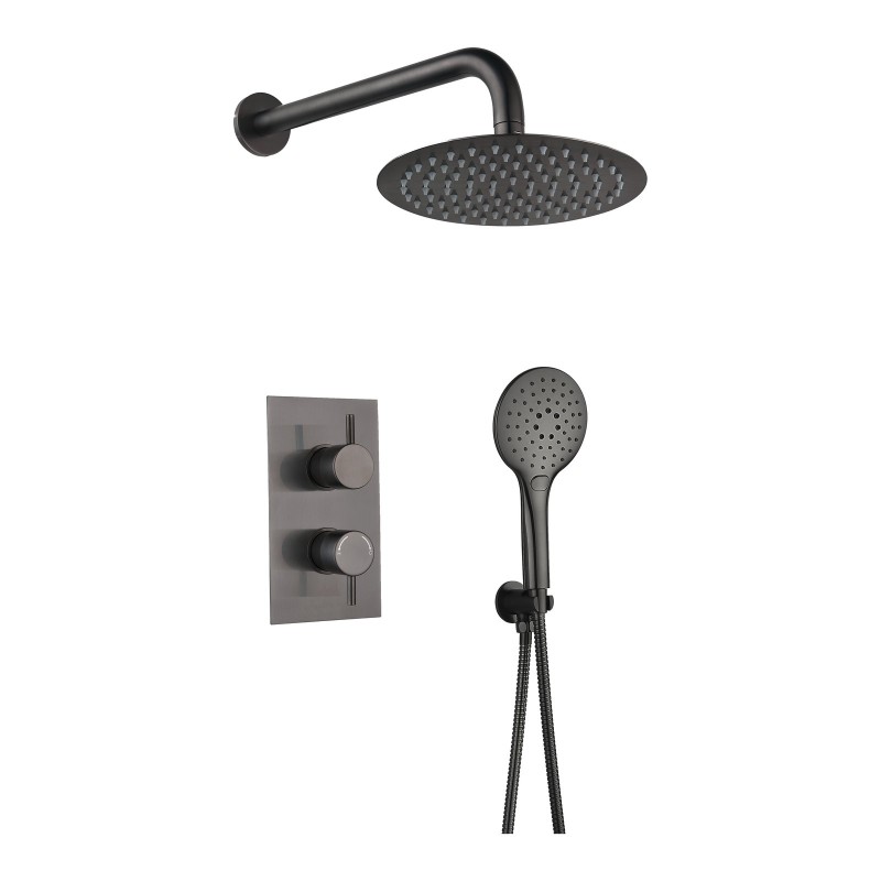 Round Concealed Thermostatic 2 Handle 2 Way Shower Kit with Stainless Steel Head - Gunmetal