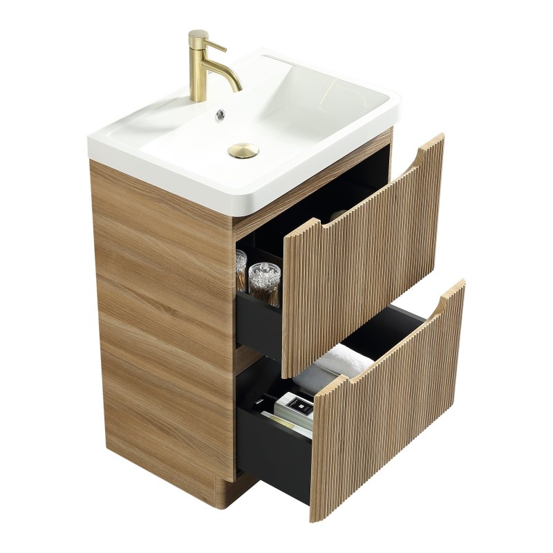 Monza 600mm Fluted Floor Standing Vanity Unit & Basin - Country Oak