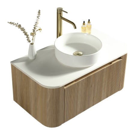 Flauto 870mm Wall Hung Curve Corner Vanity with Sintered Stone Counter Top - Country Oak