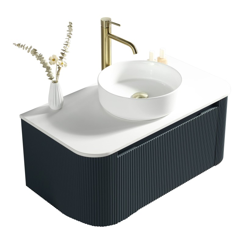 Flauto 870mm Wall Hung Curve Corner Vanity with Sintered Stone Counter Top - Midnight Shadow