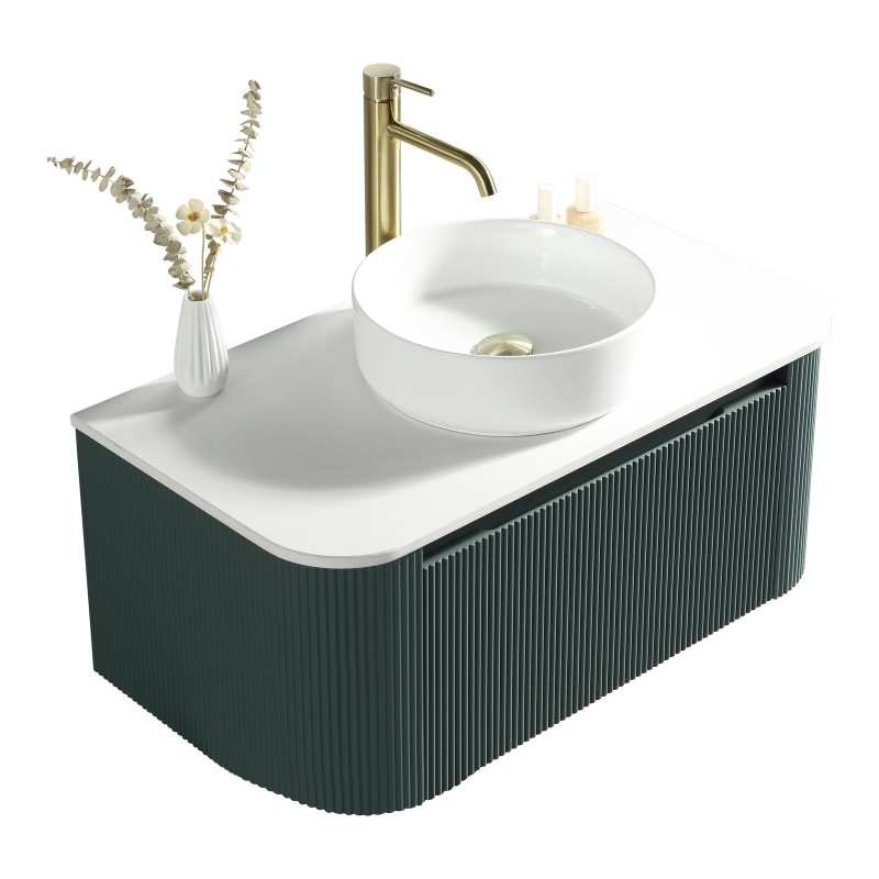 Flauto 870mm Wall Hung Curve Corner Vanity with Sintered Stone Counter Top - Smoked Sage