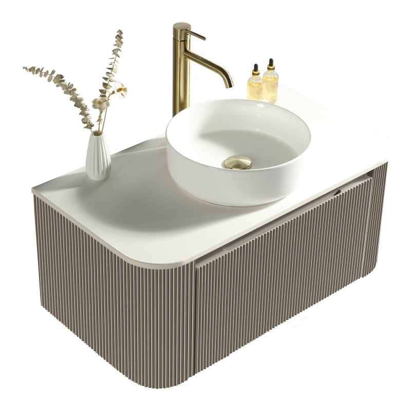 Flauto 870mm Wall Hung Curve Corner Vanity with Sintered Stone Counter Top - Soft Coffee