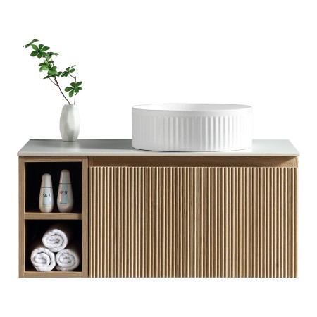 Flauto 800mm Wall Hung Vanity with Side Storage & Right Hand Sintered Stone Counter Top - Country Oak