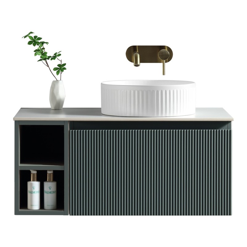 Flauto 800mm Wall Hung Vanity with Side Storage & Right Hand Sintered Stone Counter Top - Smoked Sage