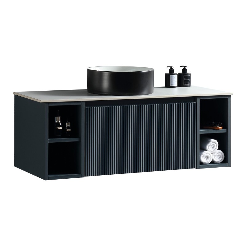 Flauto 1000mm Wall Hung Vanity with 2 Side Storage & Sintered Stone Counter Top - Midnight Shadow