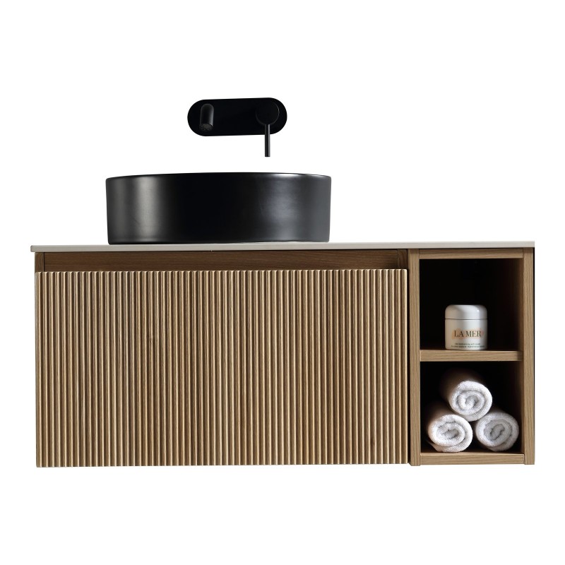 Flauto 800mm Wall Hung Vanity with Side Storage & Left Hand Sintered Stone Counter Top - Country Oak