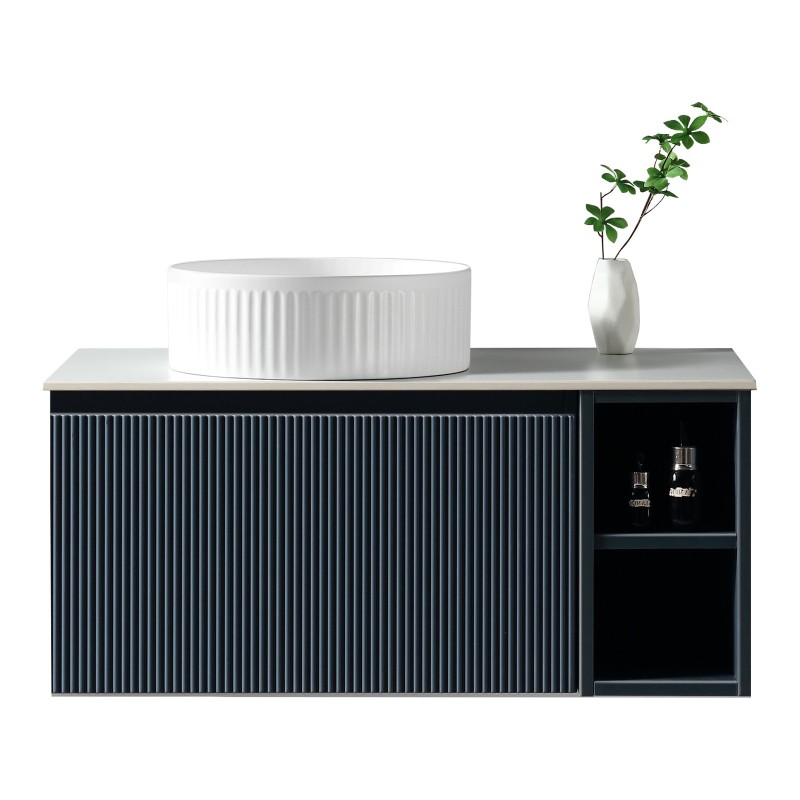 Flauto 800mm Wall Hung Vanity with Side Storage & Left Hand Sintered Stone Counter Top - Midnight Shadow