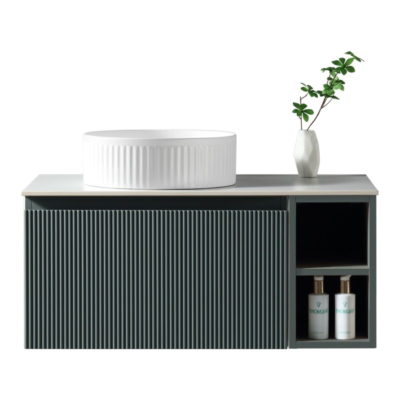 Flauto 800mm Wall Hung Vanity with Side Storage & Left Hand Sintered Stone Counter Top - Smoked Sage