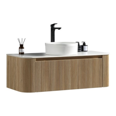 Flauto 1070mm Wall Hung Curve Corner Vanity with Sintered Stone Counter Top - Country Oak