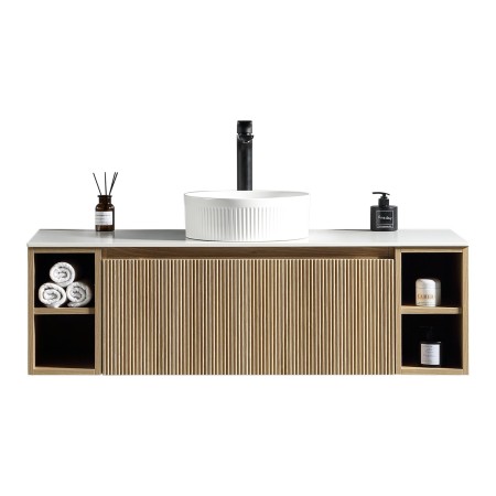 Flauto 1200mm Wall Hung Vanity with 2 Side Storage & Sintered Stone Counter Top - Country Oak