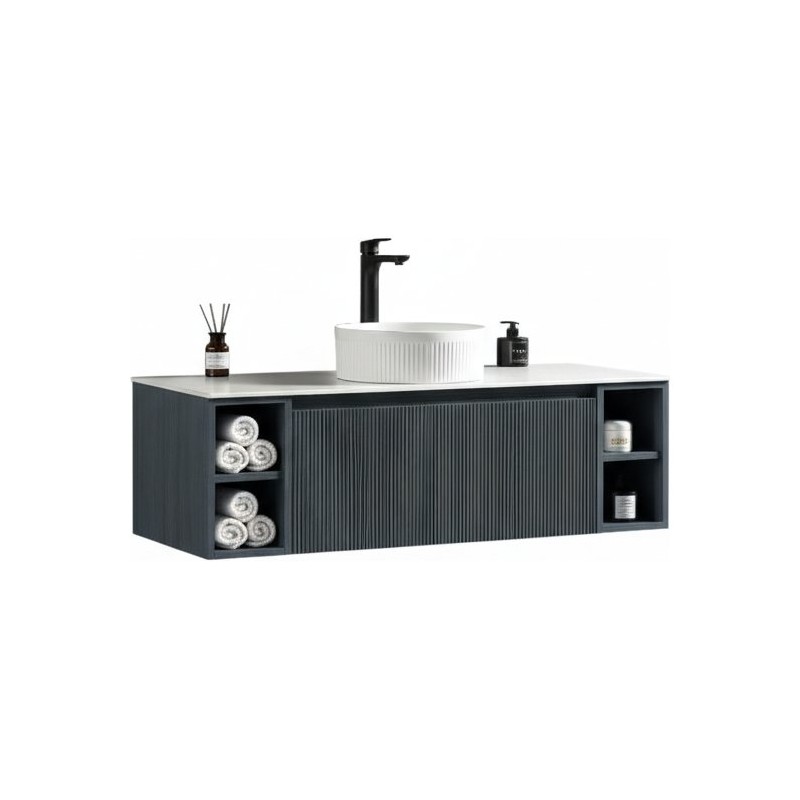 Flauto 1200mm Wall Hung Vanity with 2 Side Storage & Sintered Stone Counter Top - Midnight Shadow