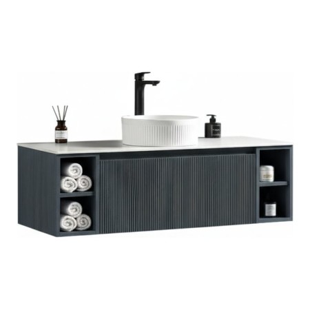 Flauto 1200mm Wall Hung Vanity with 2 Side Storage & Sintered Stone Counter Top - Midnight Shadow