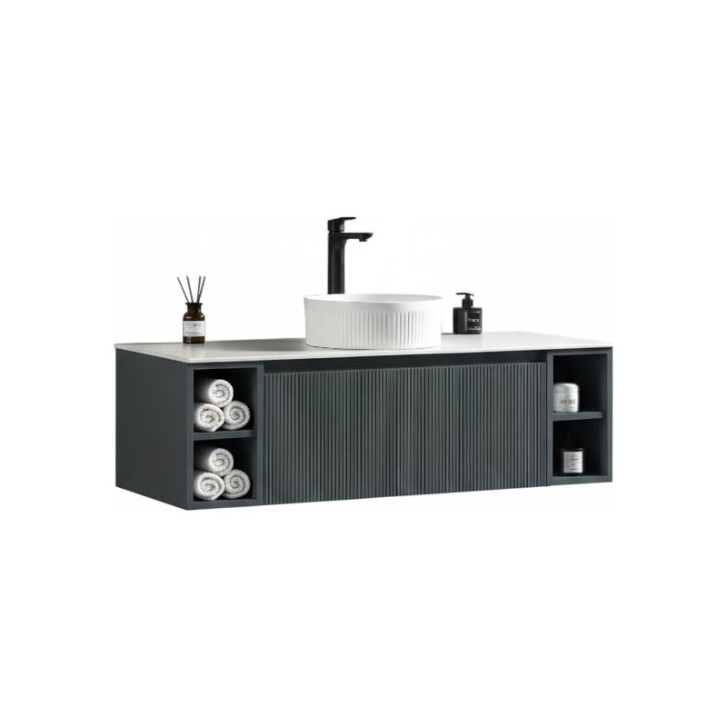 Flauto 1200mm Wall Hung Vanity with 2 Side Storage & Sintered Stone Counter Top - Smoked Sage