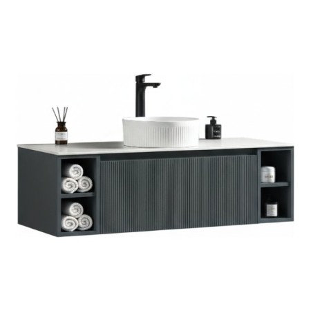 Flauto 1200mm Wall Hung Vanity with 2 Side Storage & Sintered Stone Counter Top - Smoked Sage