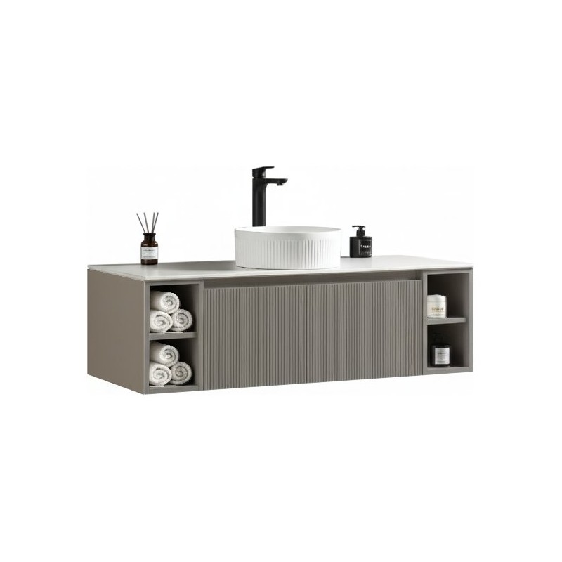 Flauto 1200mm Wall Hung Vanity with 2 Side Storage & Sintered Stone Counter Top - Soft Coffee