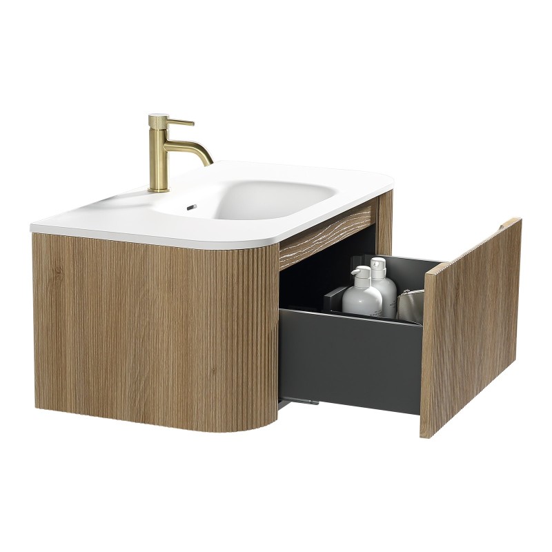 Flauto 870mm Wall Hung Curve Corner Vanity with Matte Basin - Country Oak