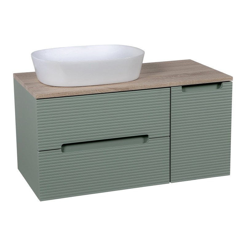 Monza Plus 900mm Fluted Wall Hung Vanity with Side Cabinet & Counter Top - Aloe Green/Country Oak
