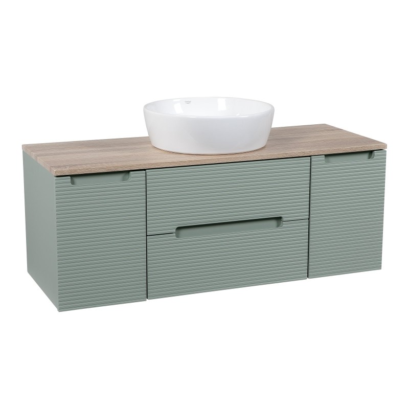 Monza Plus 1200mm Fluted Wall Hung Vanity with 2 Side Cabinets & Counter Top - Aloe Green/Country Oak