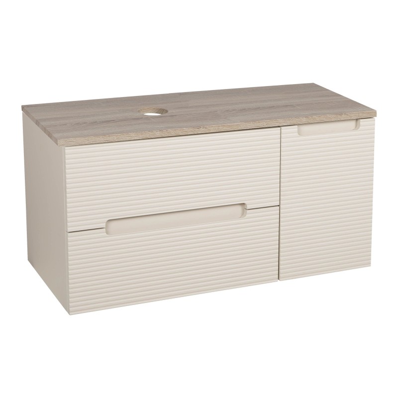 Monza Plus 900mm Fluted Wall Hung Vanity with Side Cabinet & Counter Top - Warm Oatmeal/Country Oak