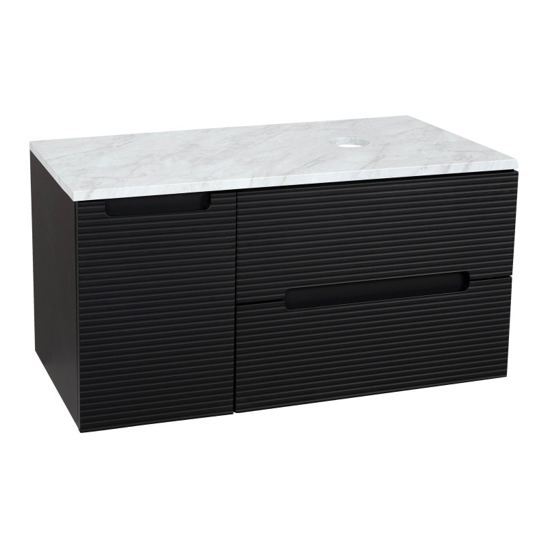 Monza Plus 900mm Fluted Wall Hung Vanity with Side Cabinet & Counter Top - Matte Black/Grey Marble