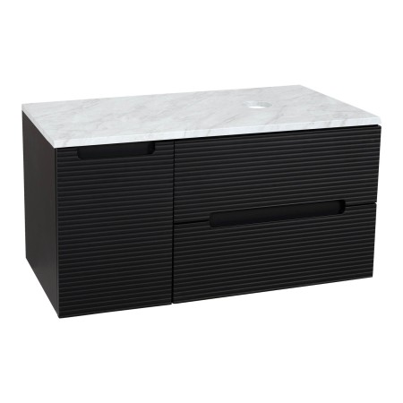 Monza Plus 900mm Fluted Wall Hung Vanity with Side Cabinet & Counter Top - Matte Black/Grey Marble