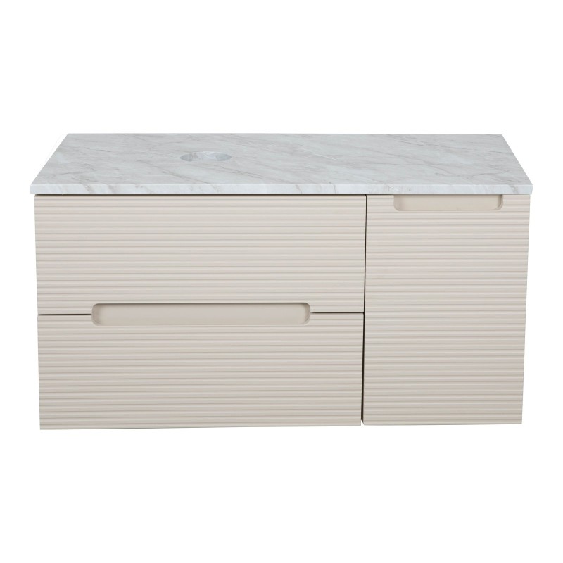 Monza Plus 900mm Fluted Wall Hung Vanity with Side Cabinet & Counter Top - Warm Oatmeal/Grey Marble