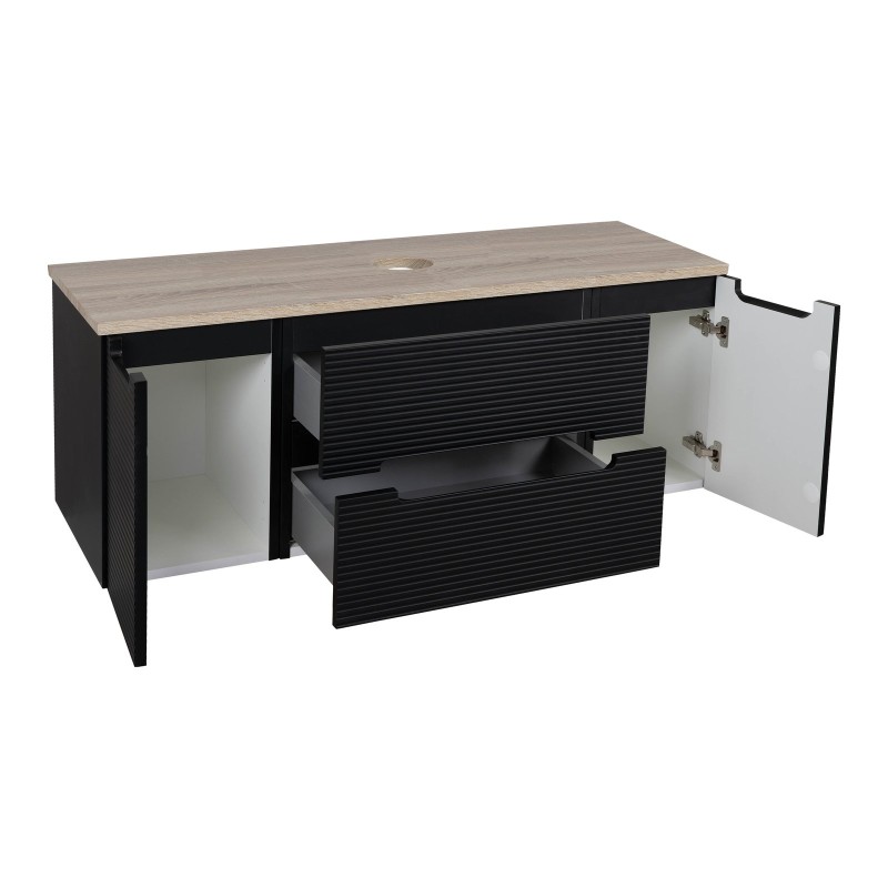 Monza Plus 1200mm Fluted Wall Hung Vanity with 2 Side Cabinets & Counter Top - Matte Black/Country Oak