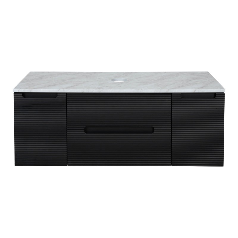 Monza Plus 1200mm Fluted Wall Hung Vanity with 2 Side Cabinets & Counter Top - Matte Black/Grey Marble