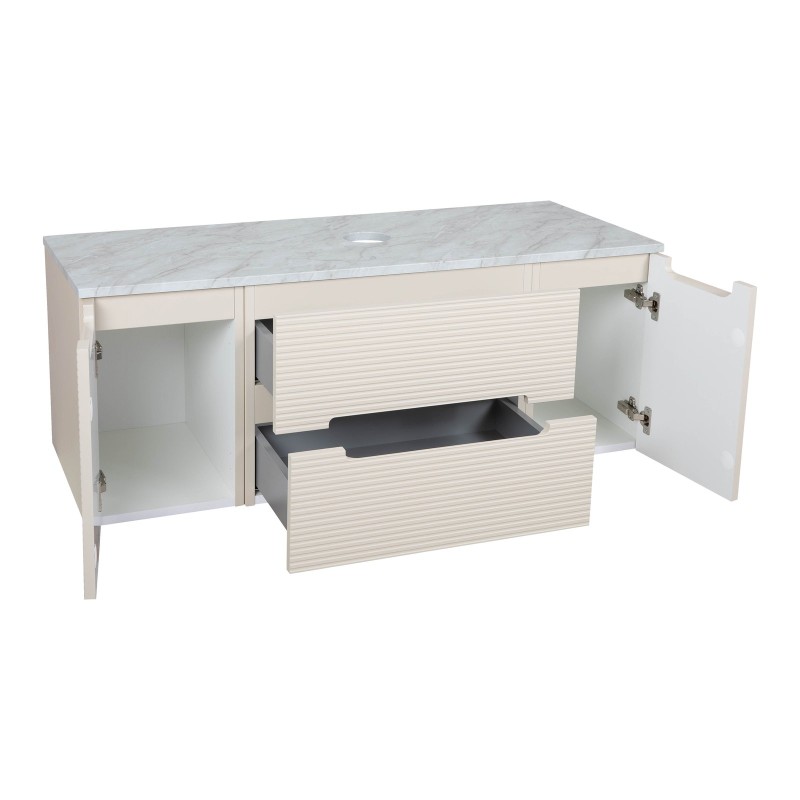 Monza Plus 1200mm Fluted Wall Hung Vanity with 2 Side Cabinets & Counter Top - Warm Oatmeal/Grey Marble