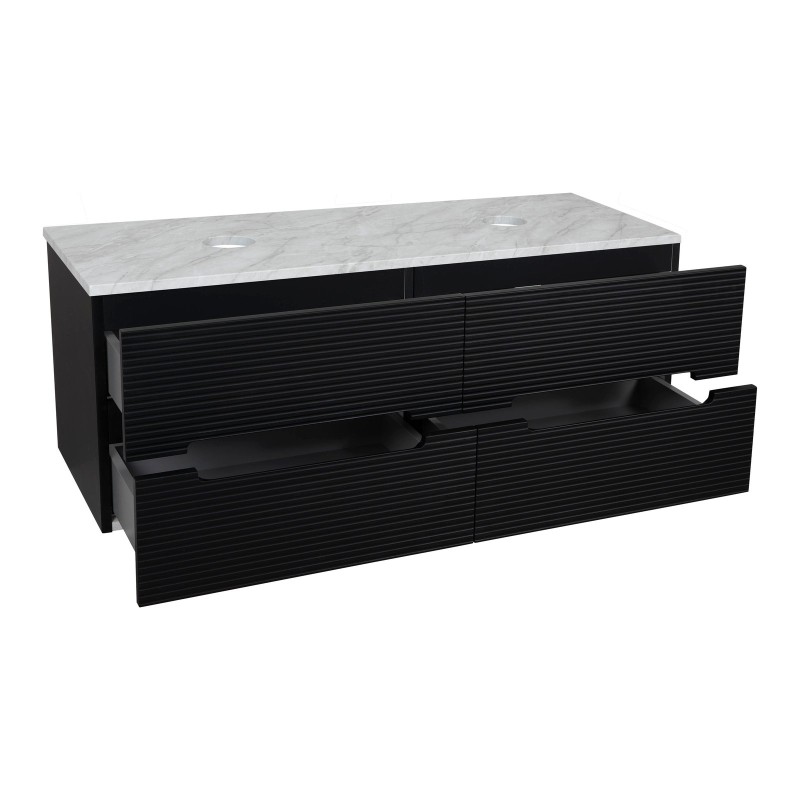 Monza Plus 1200mm Fluted Wall Hung Double Vanity with Counter Top - Matte Black/Grey Marble