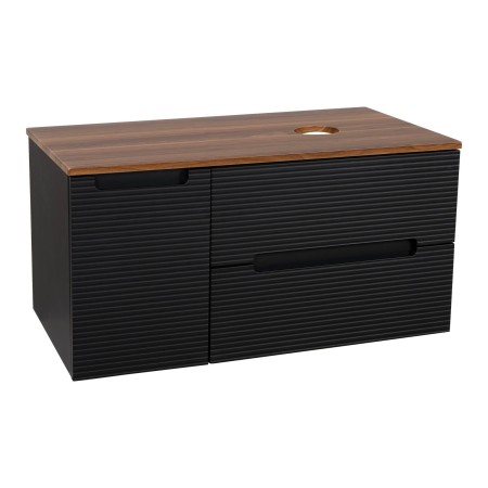 Monza Plus 900mm Fluted Wall Hung Vanity with Side Cabinet & Counter Top - Matte Black/Cali Walnut