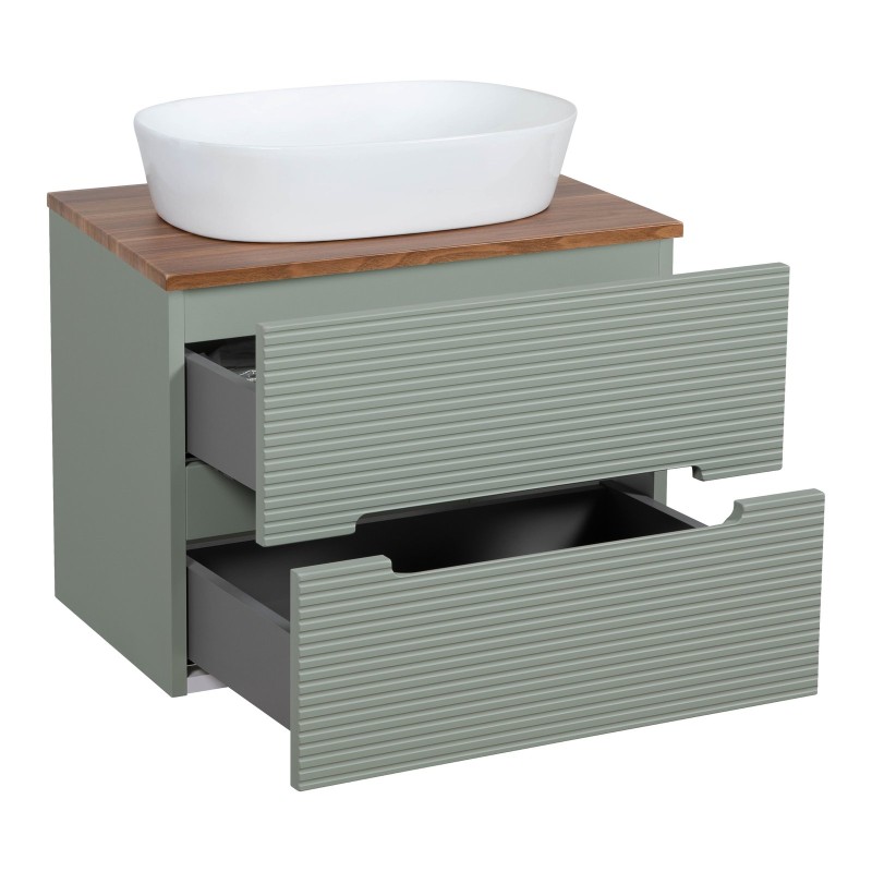 Monza Plus 600mm Fluted Wall Hung Vanity & Counter Top - Aloe Green/Cali Walnut