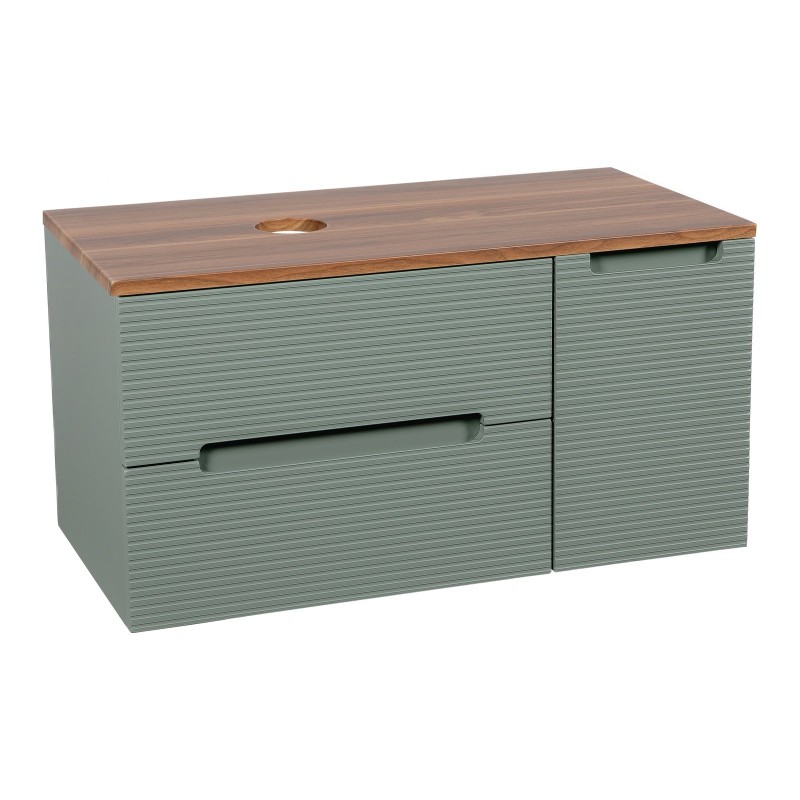 Monza Plus 900mm Fluted Wall Hung Vanity with Side Cabinet & Counter Top - Aloe Green/Cali Walnut