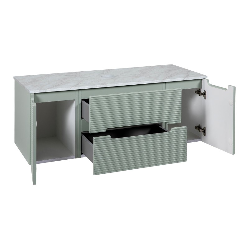 Monza Plus 1200mm Fluted Wall Hung Vanity with 2 Side Cabinets & Counter Top - Aloe Green/Grey Marble