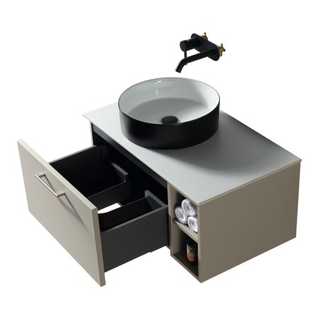 Piatta 800mm Wall Hung Vanity with Side Storage & Left Hand Sintered Stone Counter Top - Soft Coffee