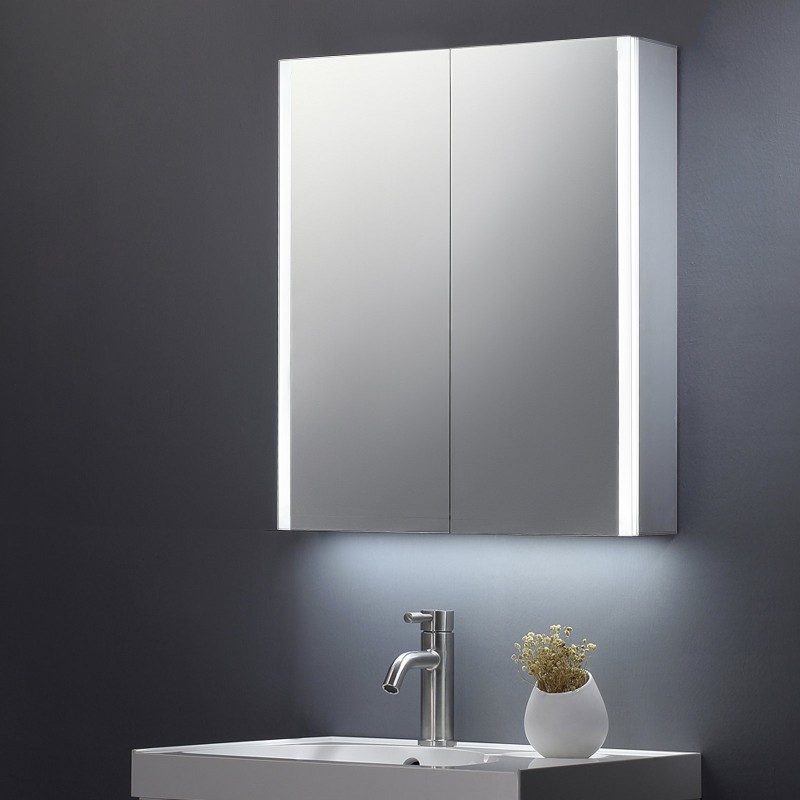 Beau Double Door Mirror Cabinet with LED Side Strips, Sensor Switch & Shaver Socket 600x700mm