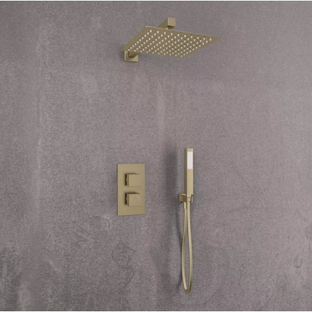 Square Thermostatic Shower Bundle with Shower Head, Valve & Handset - Brushed Brass